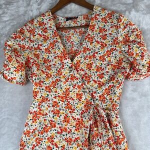 Tomato Girl 50's Style Floral Wrap Midi Dress Orange Puff Sleeve
